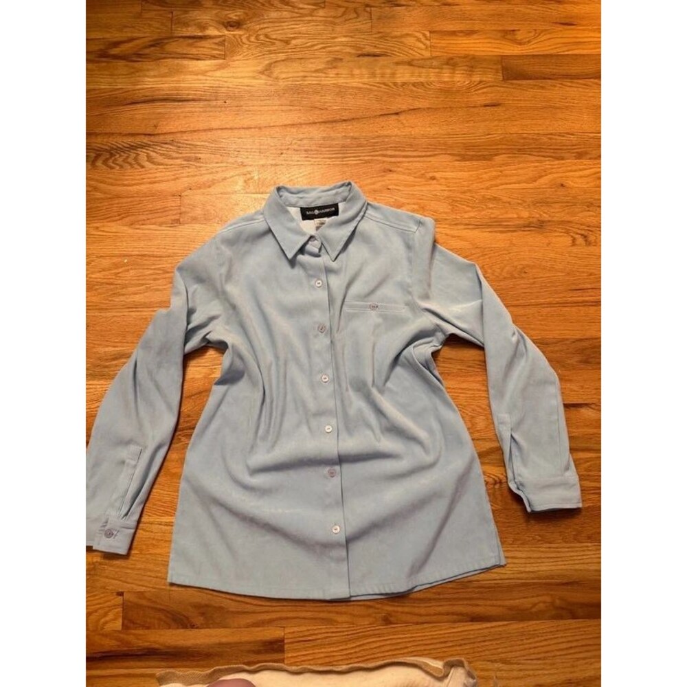 y2k light blue faux-suede button up shirt